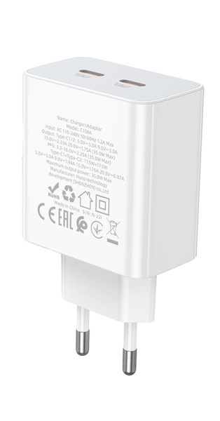 Сетевое зарядное устройство Hoco C108A Leader 2xUSB-C, 3А, PD35W + USB-C кабель Type-C, 1 м, Белый
